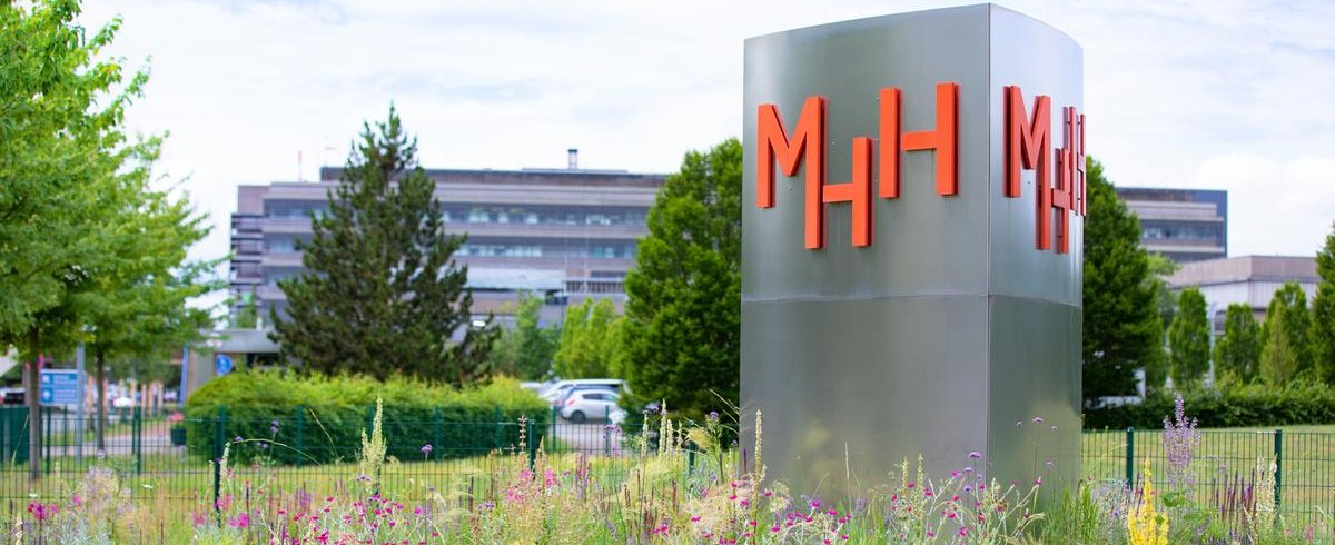 Metall-Stele mit dem Schriftzug MHH in Rot an der Haupteinfahrt zum Campus-Gelände. 