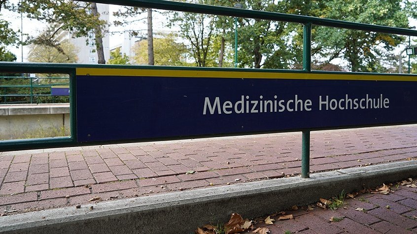 Sign at the tram stop with the Medical School lettering