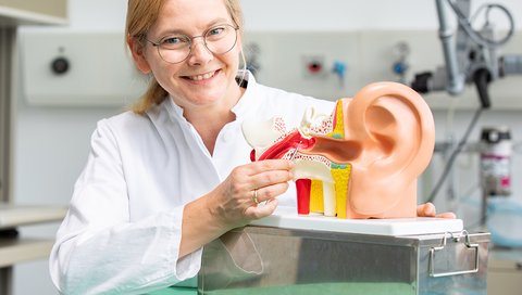 Dr. Verena Scheper im Labor vor einem Modell des Ohrs.