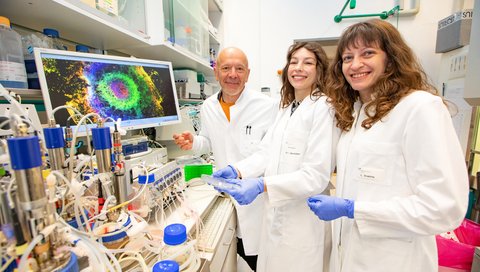 Ein Mann und zwei Frauen stehen im Labor vor Bioreaktoren und zeigen eine Zellkulturschale zur Anzucht von Stammzellen. 