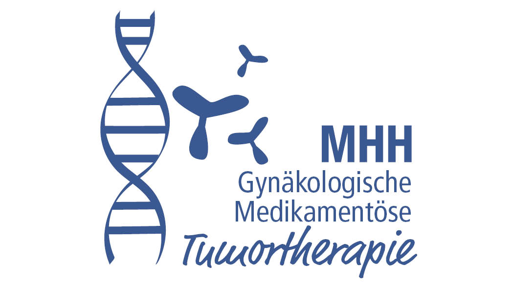Logo der Gynäkologischen Medikamentösen Tumortherapie zeigt stilisierten DNA-Strang und 3 dreiarmigen Elementarteilchen