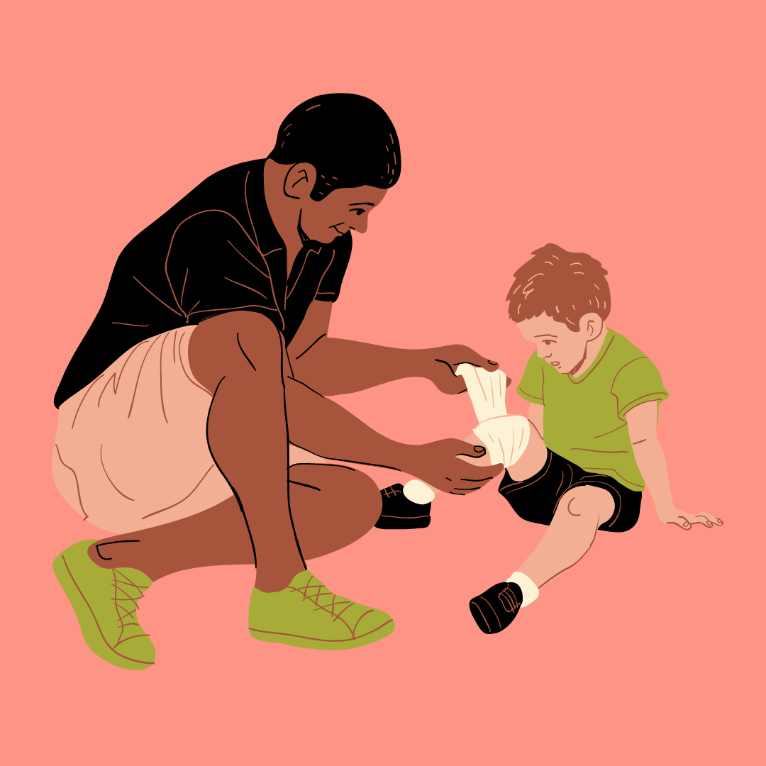  On a bright red background, a man sits next to a child and tends to the child's knee. The man, with dark skin, wears a black T-shirt, light shorts, and green shoes. The child, with brown hair, wears a green T-shirt, black shorts, and black shoes. Both are looking at the child's knee together.