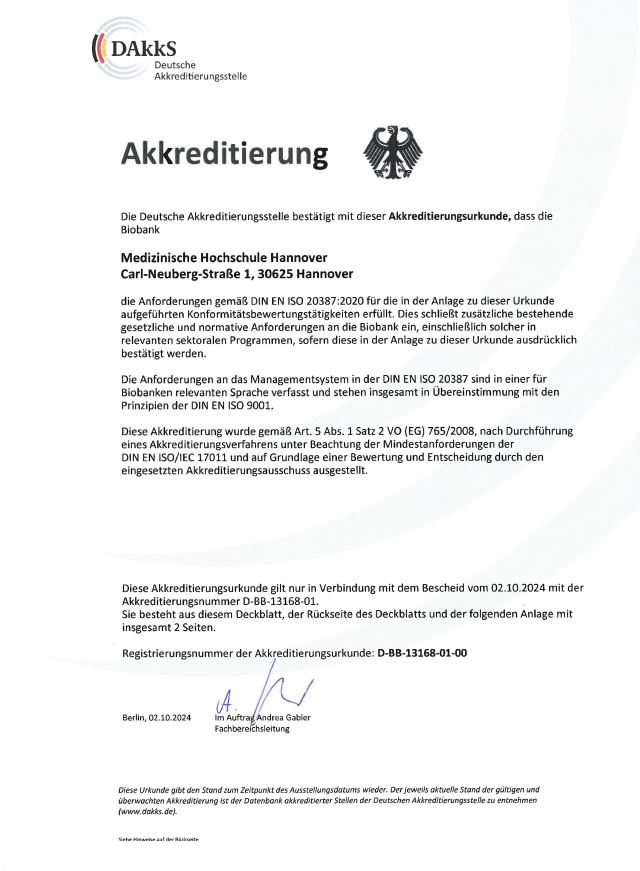 DAKKS Urkunde DIN EN ISO 20387 der HUB / MHH