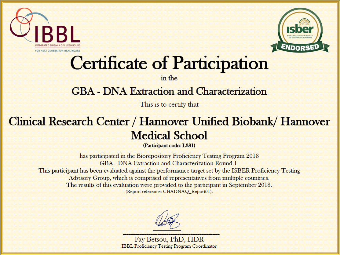 IBBL - Zertifikat - DNA - Extraction 2018