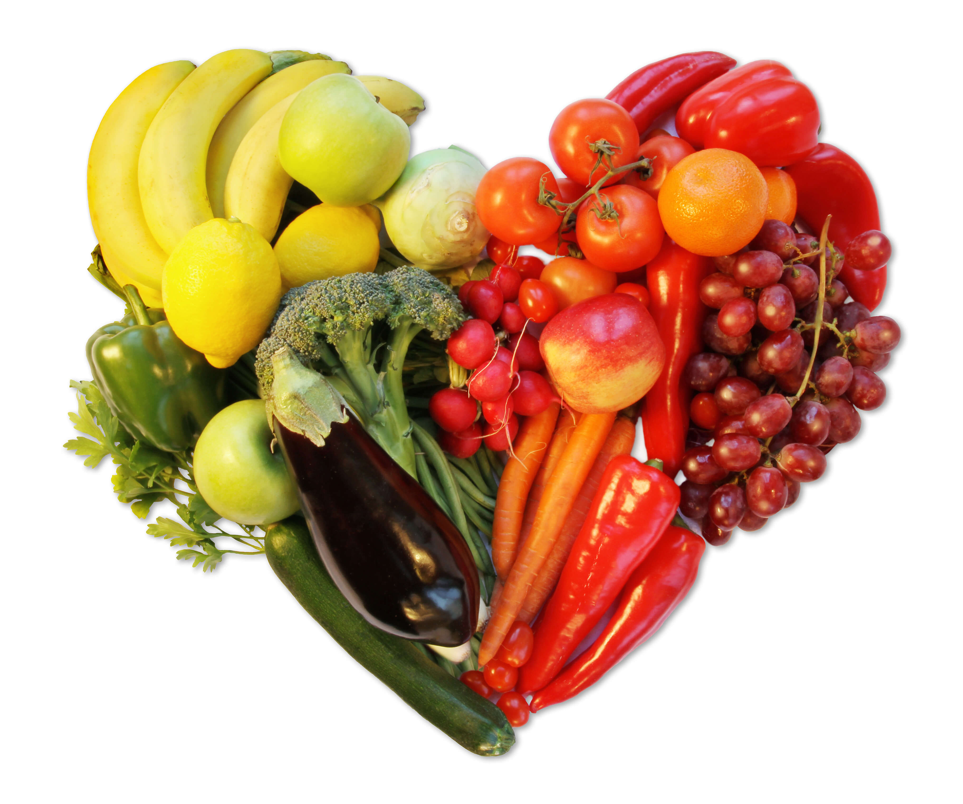 Ein Herz aus viel Obst und Gemüse, farblich sortiert