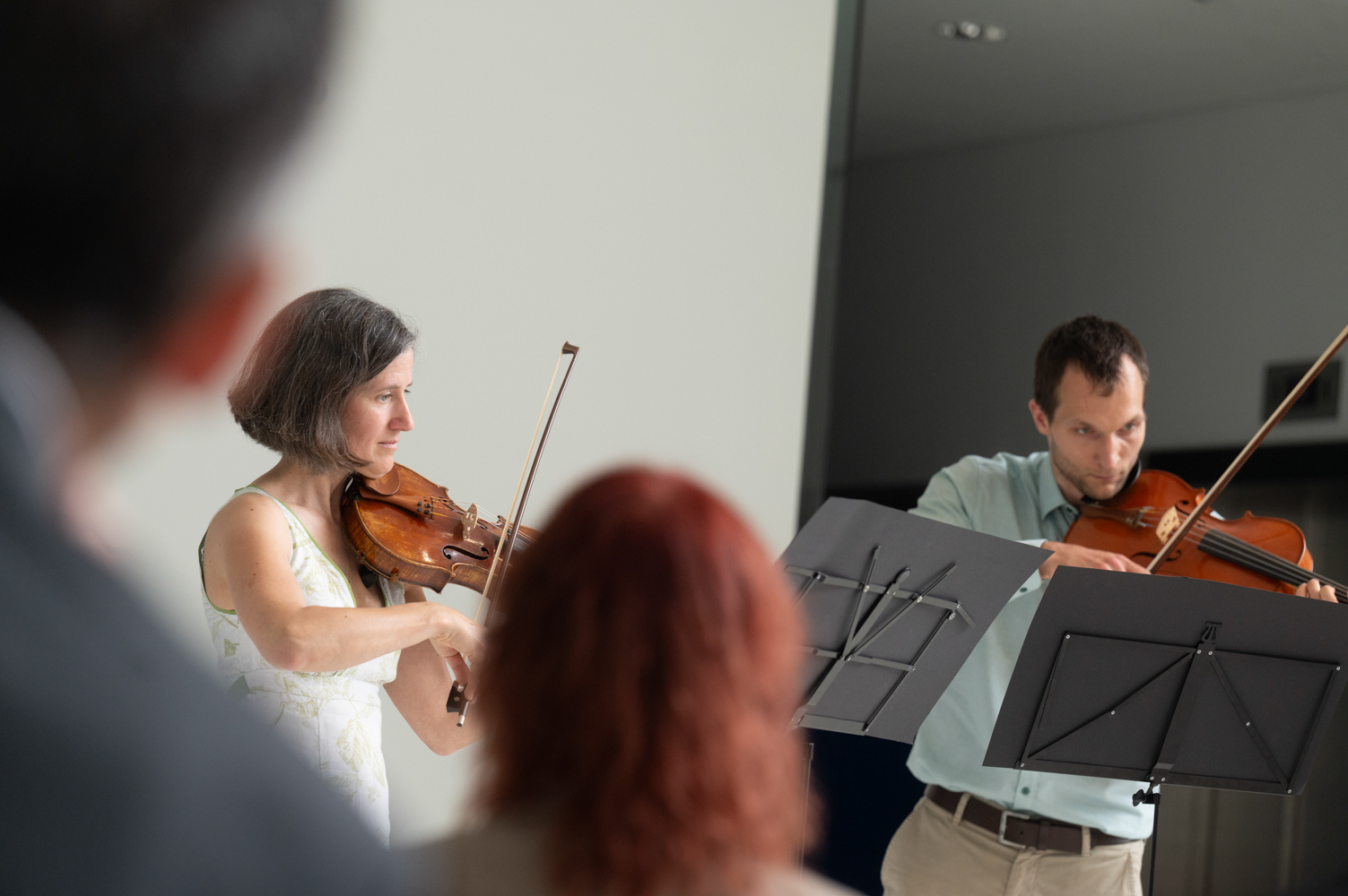 Über die Köpfe der Gäste hinweg sieht man die beiden Musizierenden mit Violine und Viola.